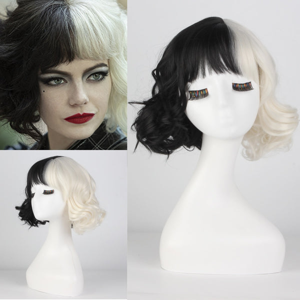 Cruella Perücke Halbe schwarze und weiße Perücken für Kostüm Cosplay Frauen Mädchen kurzes lockiges Haar
