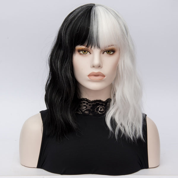 ICruella Deville De Vil Cosplay Wigs Curly Half White Half Black Heat Resistant Synthetic Hair Wig + Wig Cap