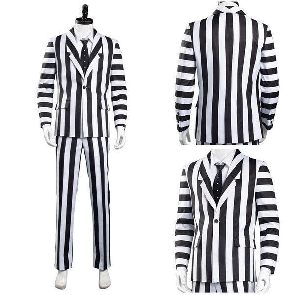 bBeetle and juices Adam Cosplay Costume Men Black and White Striped Suit Jacket Shirt Pants Outfits Halloween Carnival