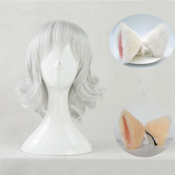 X-Hunters Neferpitouous Cosplay Wigs Sliver White Short Curly Wigs With Ears Heat Resistant Synthetic Hair