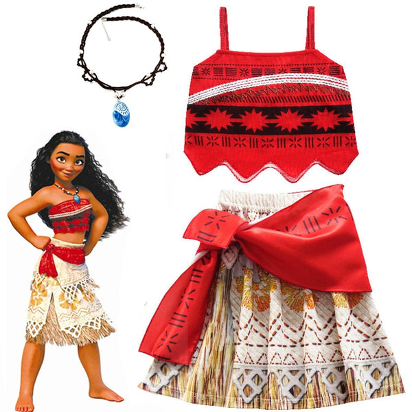 Moana Cosplay Costume for Kids Vaiana Princess Dress Clothes with Necklace for Halloween Costumes Gifts for Girl