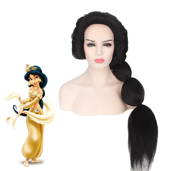 Princess Jasmine Wig Cosplay Aladdin and The Magic Lamp Women Long Black Heat Resistant Synthetic Wigs+ Free Wig Cap
