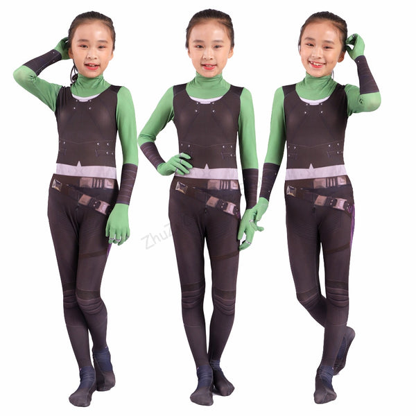 Erwachsene Kinder Gamora Cosplay Kostüm Guard of Galaxy Anzug Bodysuit Held Overall Cosplay Halloween Kind Mädchen Party Kostüm