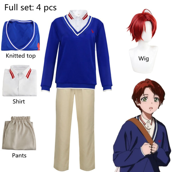 Anime Cosplay Costume WONDER EGG PRIORITY Sawaki Momoe Uniform Suit Campus Style Blue Knitted Top Wig