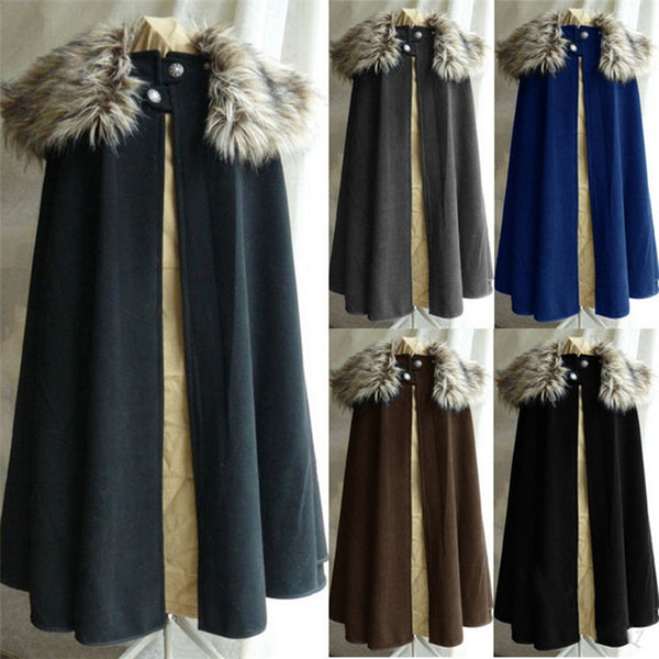 Vogue Medieval Men's Winter Viking Cape Coat Vintage Ranger Coat Gothic Style Fur Collar Cape Cloak Jon Snow Cosplay Costume Coat Men