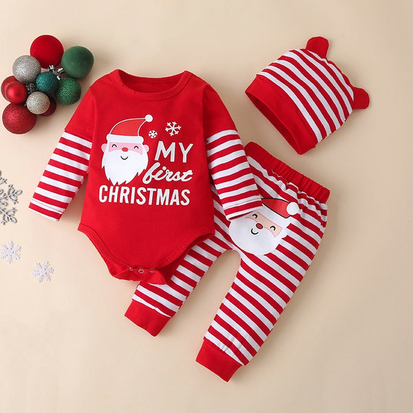 My First Christmas Newborn Baby Boy Christmas Outfit Santa Claus Romper+Kids Pant+Newborn Beanie Xmas Set Autumn Clothing Sets