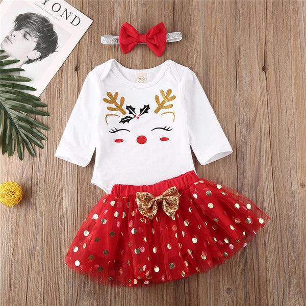 Christmas Clothes For Infant Baby Girl Long Sleeve Romper Top Bow Dot Tutu Skirt Headband Xmas Outfit 3 Piece Set 0-18M