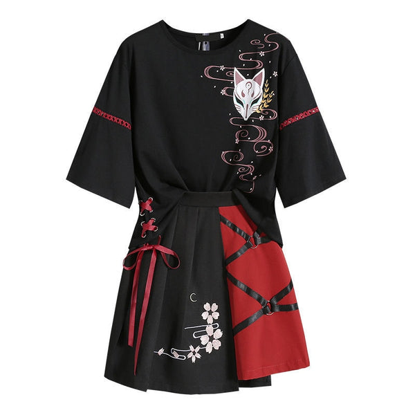Anime Summer Women's Clothing Japanese Red Ribbon Girl Lolita T-shirt Short Skirt Set Adult Costume