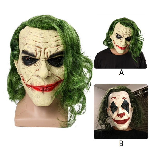 The Dark Knight Cosplay Horror Scary Clown Mask Joker Mask with Green Hair Wig Halloween Latex Mask Party Costume
