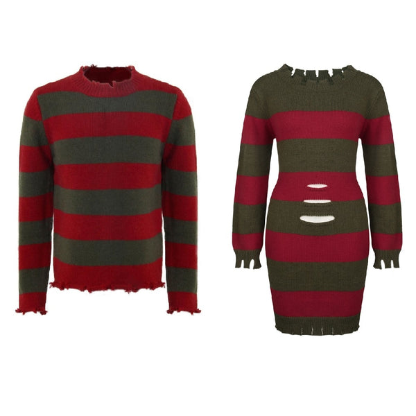 Horrific Cosplay Sweater Dresses Red Green Striped Outfits One-piece Dress Halloween Cosplay Costumes for Men Women