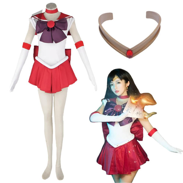 Anime Sailors Reiei Hinono Mars Cosplay Costume Dress Gloves Bows Headband Necklace Custom Made For Kids Adult Plus Size