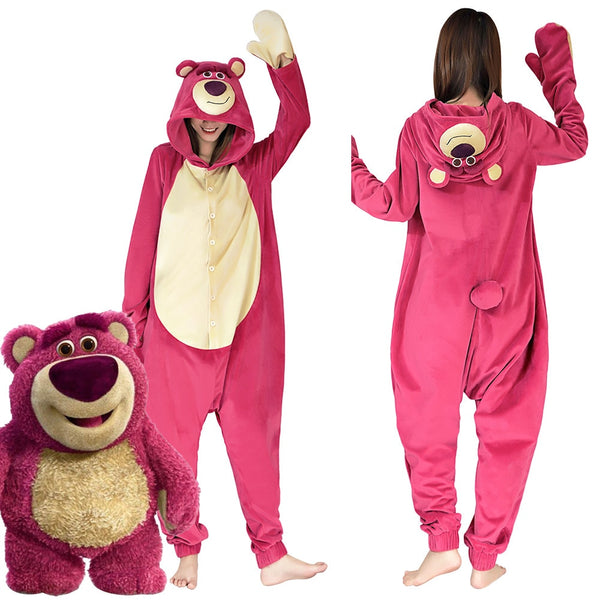 Toy3 Lotso Strawberry Bear Cosplay Onesies Pyjama Männer Frauen Nachtwäsche Pyjamas Weihnachten Halloween Kostüm Badezimmerzubehör