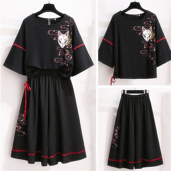 Anime Lolita Set Sommer Damen Kleidung Top Kostüm Japanisch Fox Ribbon Damen Mädchen Kawaii T-Shirt Langer Hosenrock mit weitem Bein