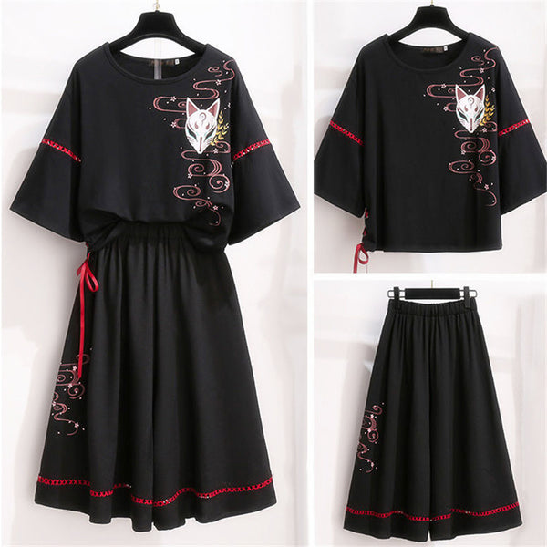 Anime Lolita Set Summer Women Clothing Top Costume Japanese Fox Ribbonon Women Girls Kawaii T-shirt Long Wide Leg Pants Skirt