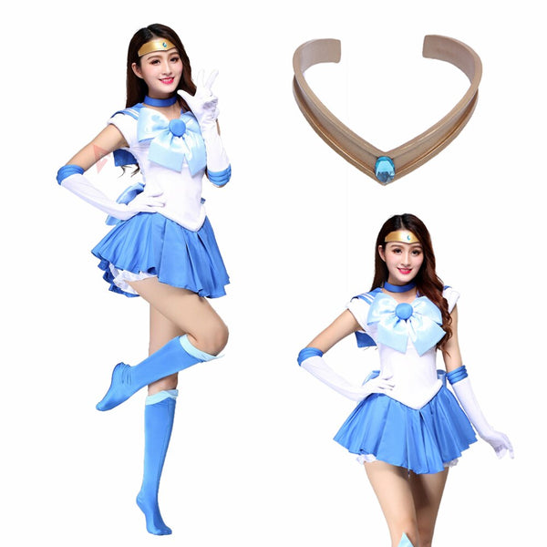 Athemis Anime Sailor Ami Mizuno Sailor Mercury Cosplay Kostüm nach Maß Kleid Bögen Handschuhe Socken Stirnband für Kinder Erwachsene