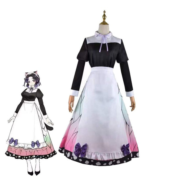 Demon cos Slayerer Costume Kochouou Shinobubu Cosplay Dress Kimetsusu Yaibaba Maid Outfit Woman Maid Skirts Suit and Headwear