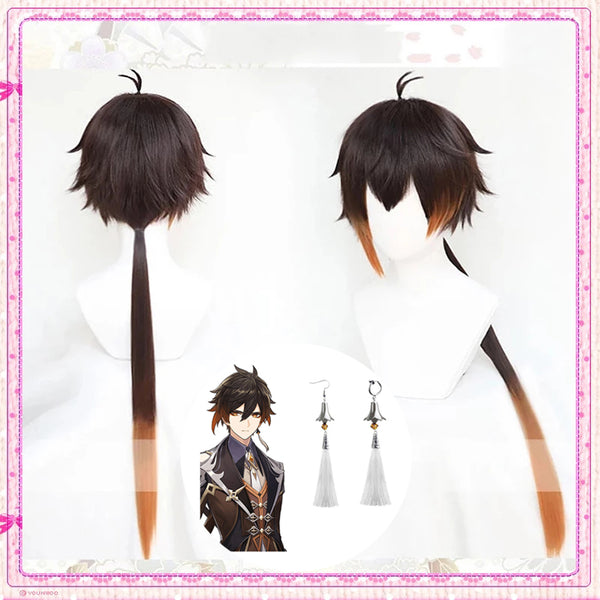 Genshinin and Impact Zhongli Cosplay 90cm Long Brown Orange Wig Anime Cosplay Earring Heat Resistant Synthetic Wig Hair Halloween Wigs
