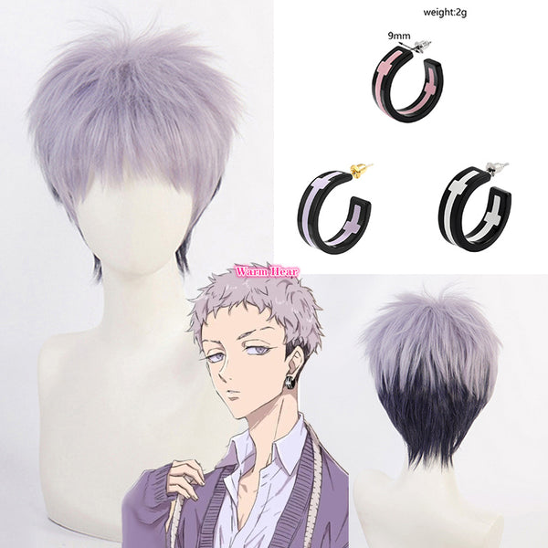 Anime Revengers Cosplay Tokyo Wig With Earrings Takashi Mitsuya Cosplay Short Gray Purple Ombre Wig Cosplay Hair Wig + a wig cap