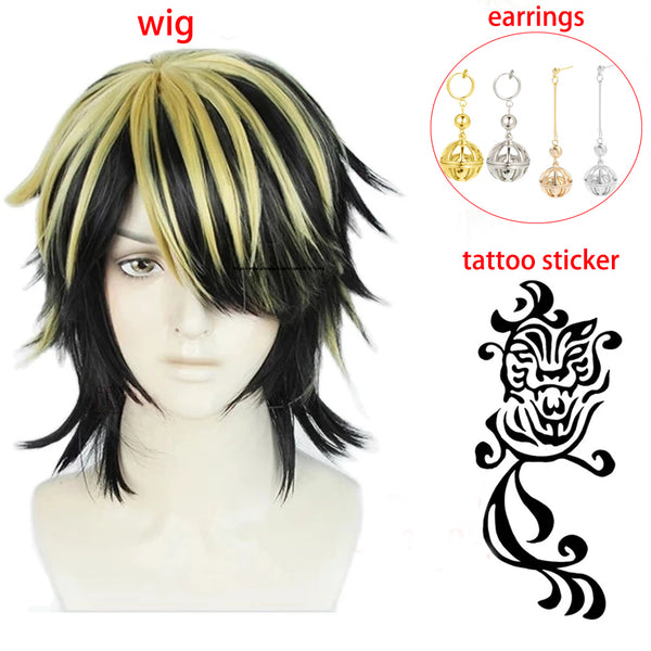 Hanemiyaya K Kazutorara Cosplay Wig Revengersrs Manjiji Tokyo a Gangs Black Golden Hair With Earring With Tattoo Sticker + a wig cap