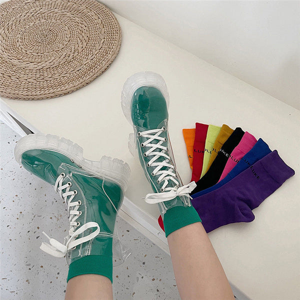 Cool Fashion Women Transparent Platform Boots Waterproof Ankle Boots Feminine Clear Heel Short Boots Sexy Female Rain Shoes