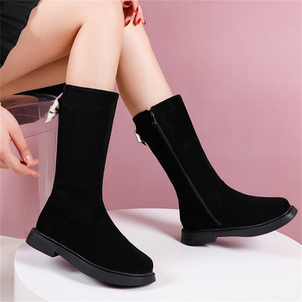 New Children Boots Black Bow Fashion Girls High Boots Princess Winter Short Plush Warm Student Performance Baby Kids Shoes 02C