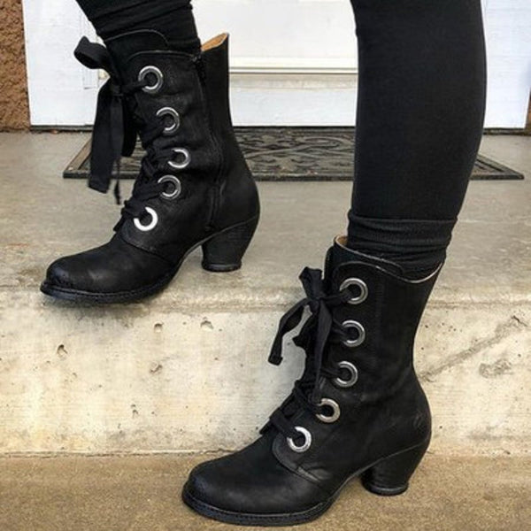 Halloween British Style Lace Up Mid Heel Women Boots Medieval Retro PU Leather Ankle Boots Fashion Knight Noble Cosplay Shoes