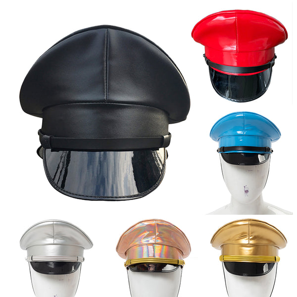 nightclub security guard cap Black PU Leather Military Hat Performance Night Bar Visor Cap Captain Cap Adult Men/Women