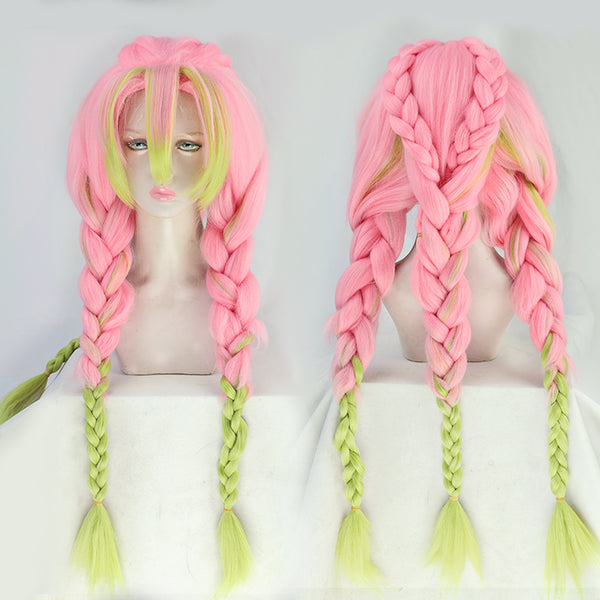 Demon cos Slayer Kanroji Mitsuri Cosplay Wig Kimetsu no Yaiba Long Pink Mix Green Braid Wig Synthetic Hair Perucas