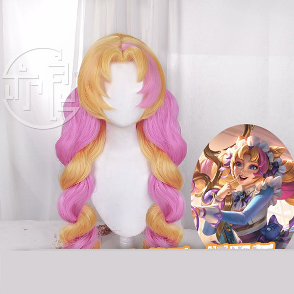 New LOL Gwen Cosplay Wig Cafe Cutie Gwen Cosplay Wig 50cm Yellow Mixed Pink Women Wig Heat Resistant Synthetic Hair Halloween
