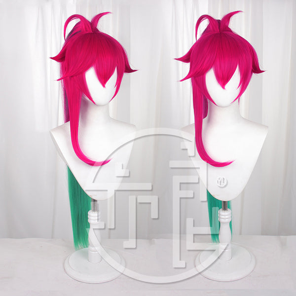 Game LOL Cafe Cutie Sivir Cosplay Wigs Women 100cm Long Straight Hot Pink Gradient Green Ponytail Synthetic Party Hair