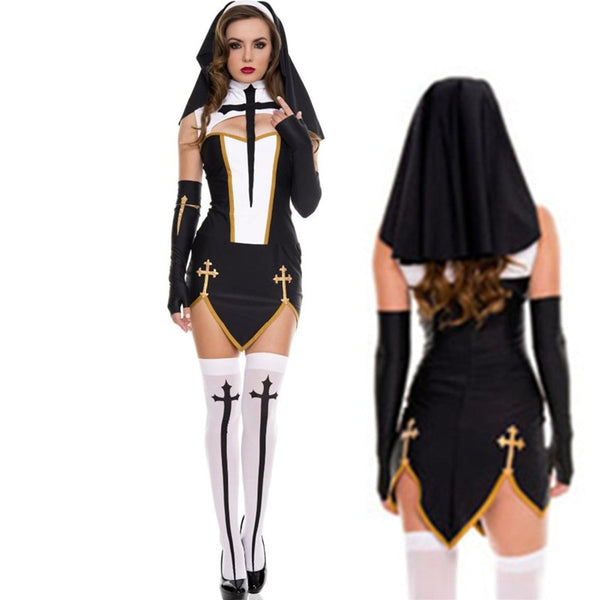 Nun Costume Adult Women Cosplay Dress With Black Hood For Halloween Sister Cosplay Party Costume