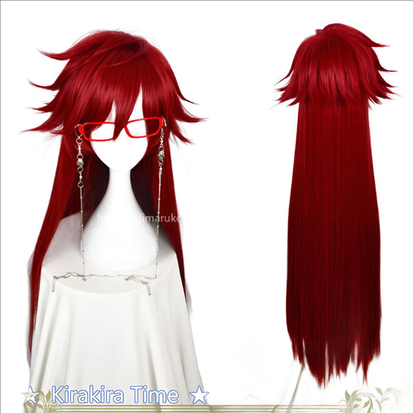 Kuroshitsuji Black Butler Grell Sutcliff Red Long Straight Heat Resistant Hair Cosplay Costume Wig + Skull Chain Glasses