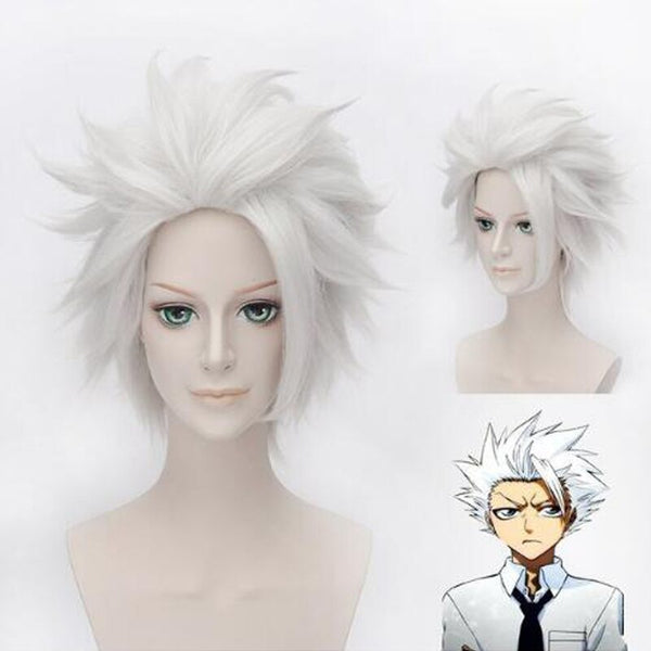 Anime Bleaches Hitsugaya Toushirou Cosplay Wig Short Silver Grey Fluffy Layered Synthetic Hair + Wig Cap
